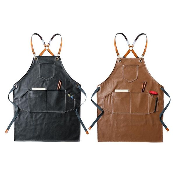 

aprons leather working apron cross back adjustable chef multi-pocket sleeveless strap and large pockets for bib