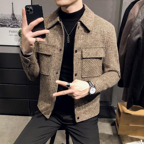 

men's jackets plaid jacket autumn style korean trend casual woolen coat short and coats clothing, Black;brown