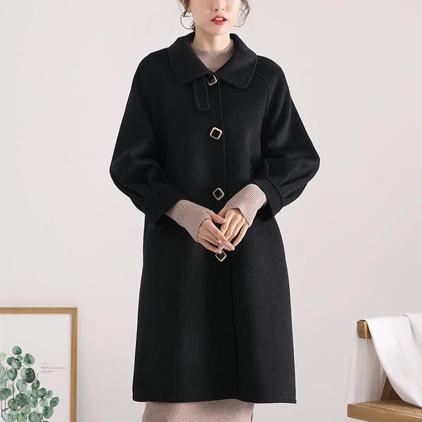 

women's wool & blends autumn and winter 2021 double-sided cashmere coat medium long korean hepburn woolen sweater, Black