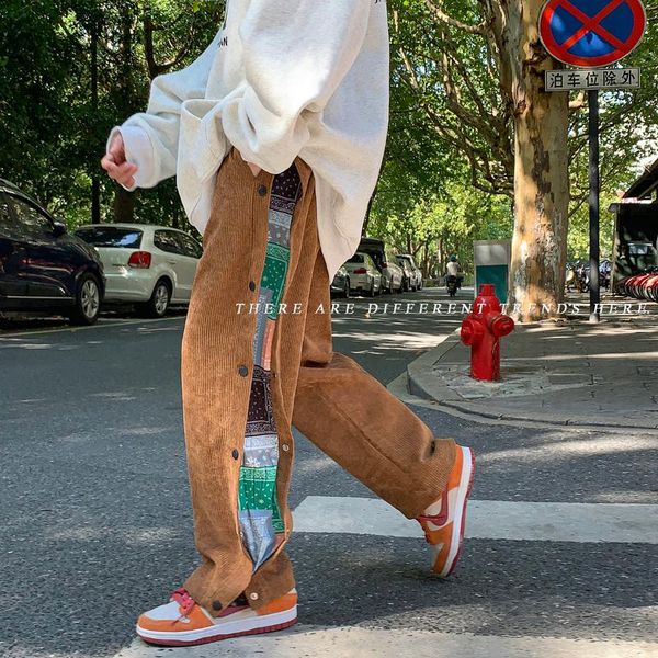 

men's pants autumn winter corduroy casual men cashew flower patchwork trousers both side buttons mens all-match streetwear sweatpants, Black