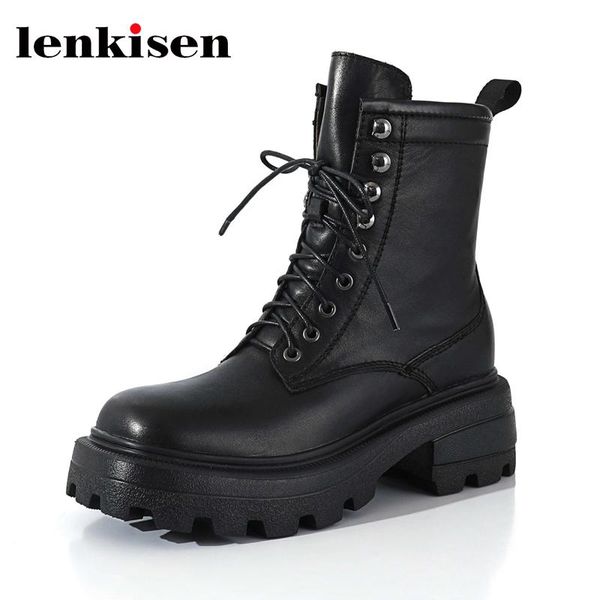 

boots lenkisen thick bottom round toe riding genuine leather winter keep warm high street fashion cross-tied ankle l61, Black