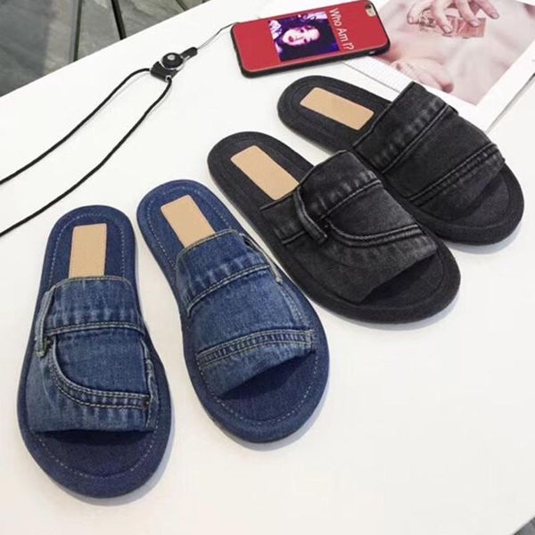 

slippers denim flats pocket zapatos de mujer solid open toe shoes women summer cool female round 2021, Black