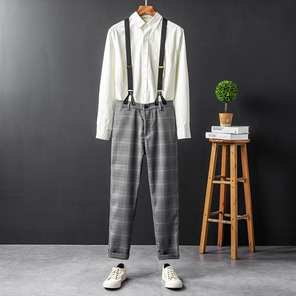 

wholesale business casual pants plaid mens pants detachable suspenders british gray suspender pants japanese gentleman all-match, Blue