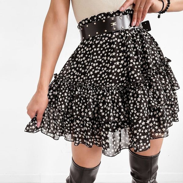 

new 2021 summer high star print chiffon women casual ruffles mini elastic waist female a line beach short skirt r4tu, Black