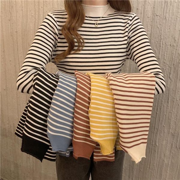 

women's sweaters women stripe sweater autumn winter turtleneck long sleeve pullover korean ladies knitted patchwork 2021, White;black