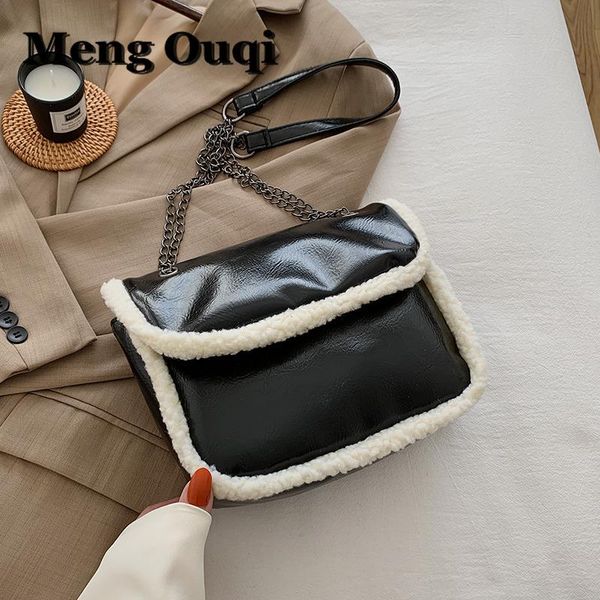 

2021 autumn ladies pu leather messenger bag pure white lamb hair shoulder bag and large-capacity chain small square