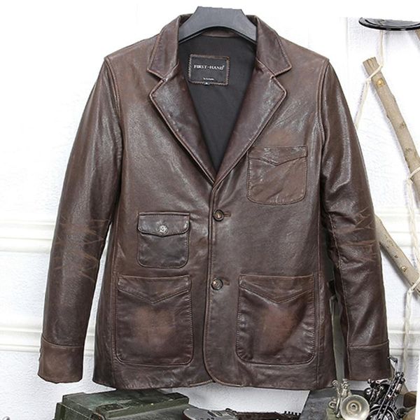 

men's leather & faux vintage 2021 genuine suits slim fit lapel smart causal blazers men brown sheepskin jacket male, Black