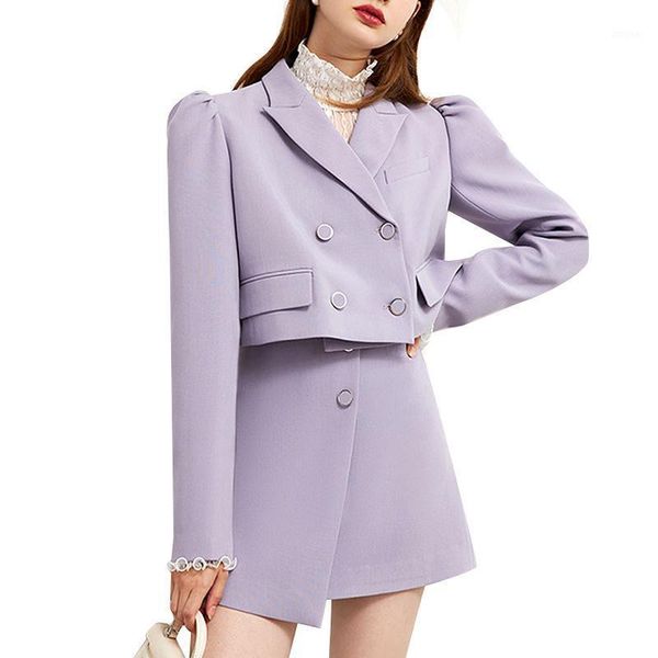 

two piece dress female half-body purple mini skirt pieces suit lapel long sleeve loose women's fashion tide spring autumn 2021, White
