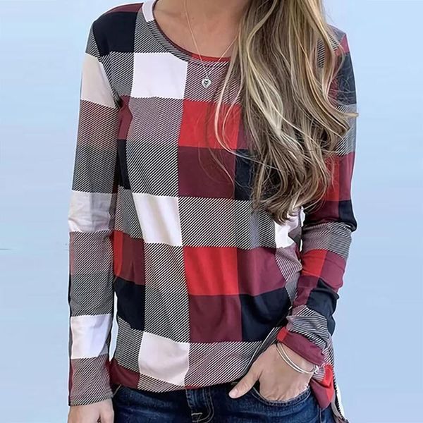 

women's blouses & shirts vintage o-neck blouse womens autumn plaid printing block color flannel harajuku long sleeve pullover tunic bl, White