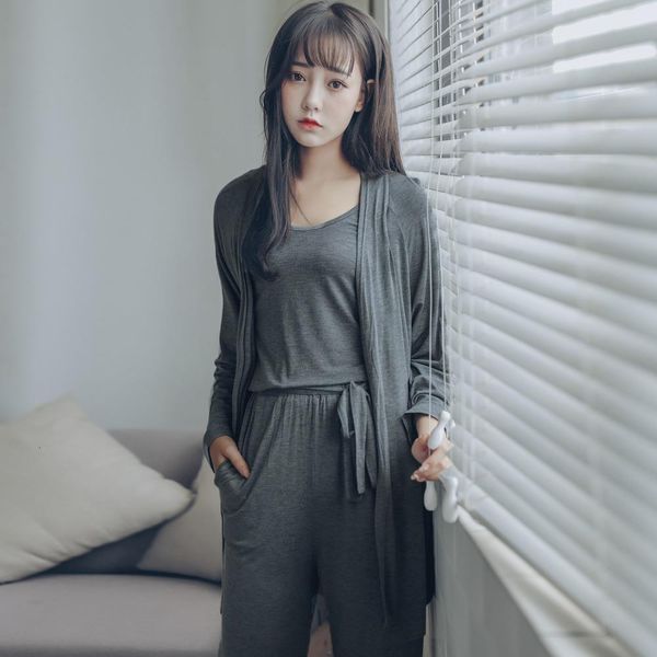 

pyjamas women pijama shein sleepwear 2021 summer modal vest+pants+cardigan 3 pieces set women lingerie loose home suits, Black;red