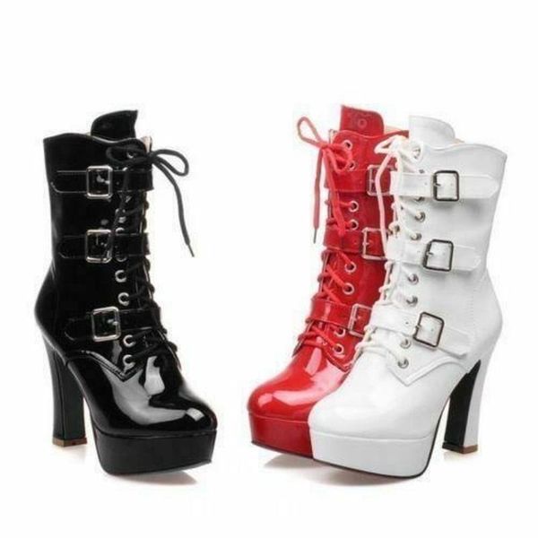 

boots olome women mid calf buckle high heels platform zipper patent leather shoes plus size, Black