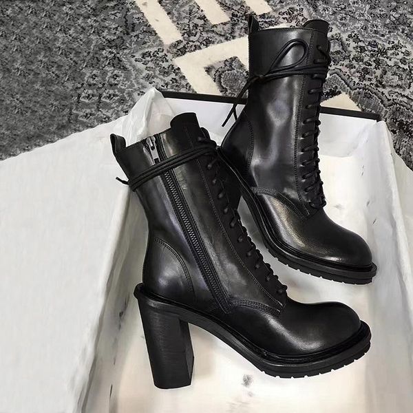 

boots elegant ladies shoes dress black leather ankle block high heels pumps runway bota feminina female combat military