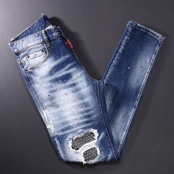 

men's jeans street style fashion men retro blue slim fit destroyed ripped patch designer hip hop splashed denim punk pants