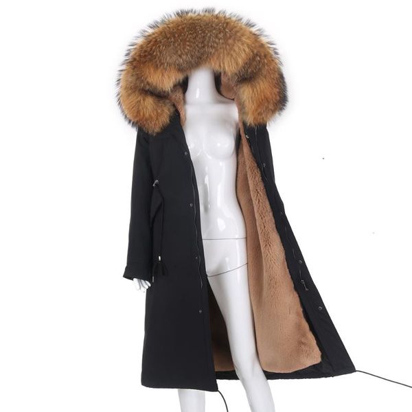 

women's fur & faux 2021 x-long parka waterproof real coat women natural hood luxury outerwear detachable winter 7xl jacket, Black
