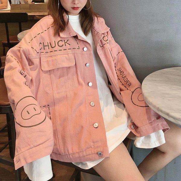 

2021 new loosens pink pig brim jacket men and women denim qumc, Black;brown