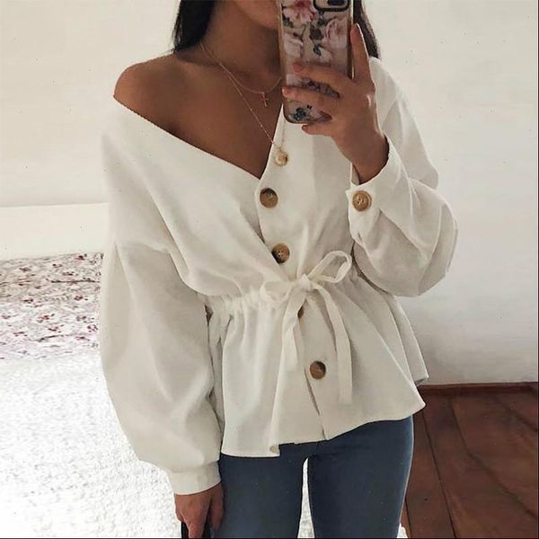 

fengguilai v neck casual corduroy shirt women autumn long lantern sleeve drawstring fashion 2021 womens and blouse, White