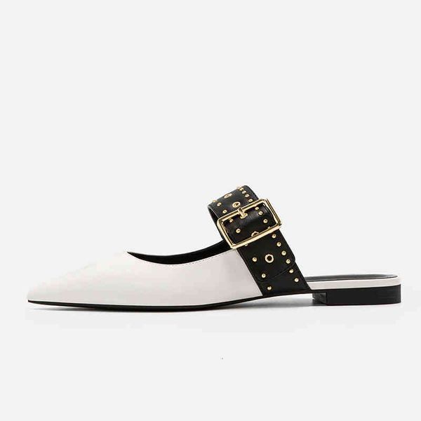 

dress shoes novas sandÃ¡lias femininas apontadas sapatos planos para casa de metal rebite loop cinto senhoras moda salto rrmy, Black