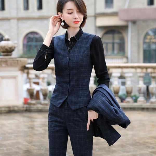 

women's two piece pants plaid blazer gray vest and pant 3 women suit uniform designs s-5xl for office lady business career work wear, White