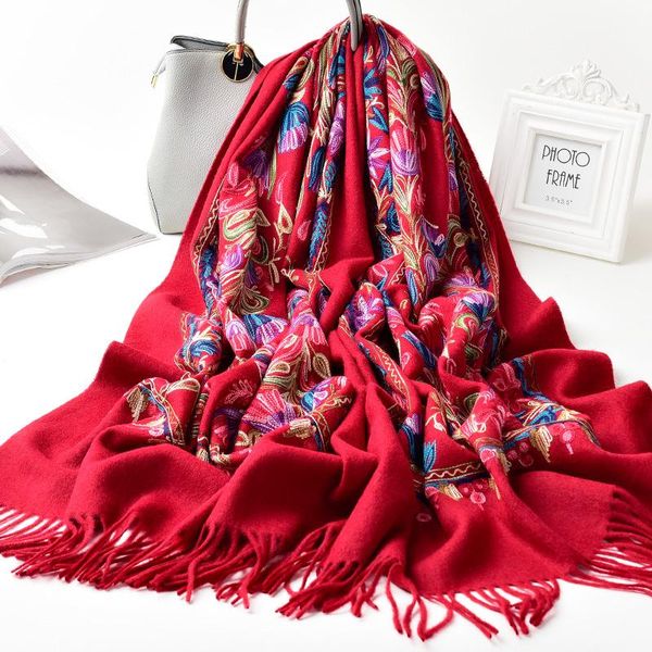 

scarves 100% wool scarf women winter versatile middle aged mother wedding dress red embroidery thickened cashmere shawl gift, Blue;gray