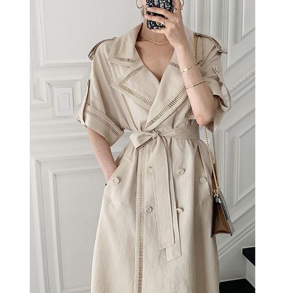 

casual dresses korean chic french style elegant wind lapel double-breasted lace-up waist long skirt summer short-sleeved dress women, Black;gray