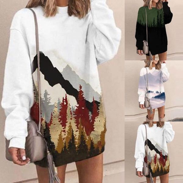 

casual dresses women's landscape print loose hedging high neck wrap hip sweater fashion dress womens clothing vestido de mujer, Black;gray