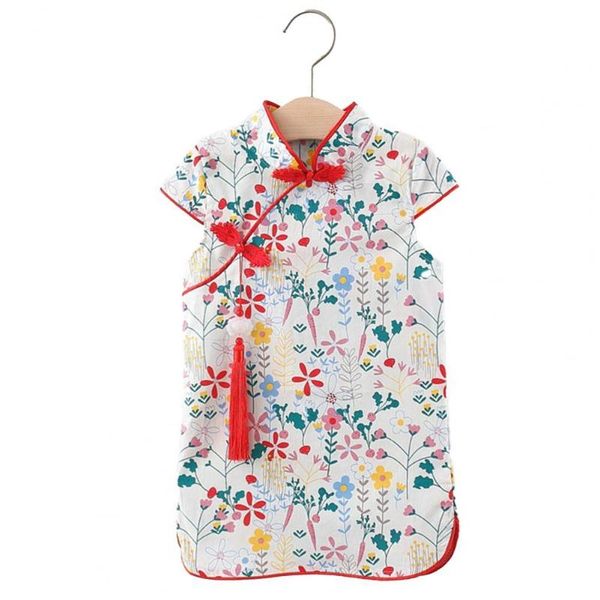

girl's dresses kids cheongsam princess dress tang suit flower print elegant vintage girls short sleeve for party, Red;yellow