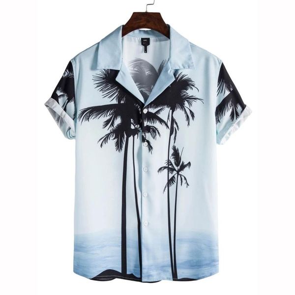 

men's casual shirts palm tree print shirt hawaiian man turn down collar short sleeve summer blouse vintage camisa masculina, White;black
