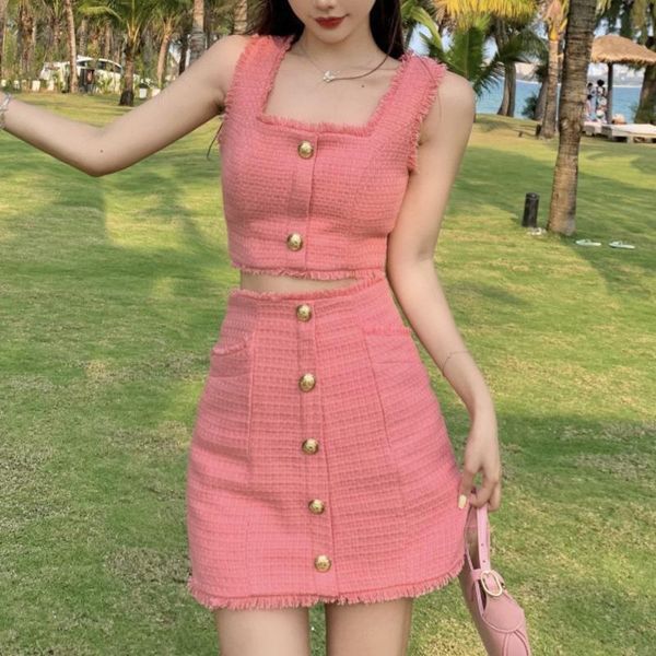

work dresses vetement femme 2021 fashion tweed elegant 2 piece set women suit crop vest + mini skirt suits two outfits, White;black