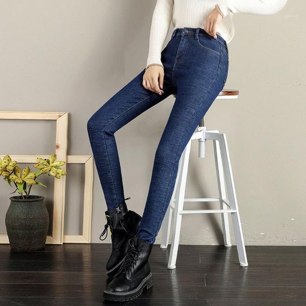 

women velvet warm jeans with high waist tight jeans winter pencil trousers women skinny stretching large size #41, Blue