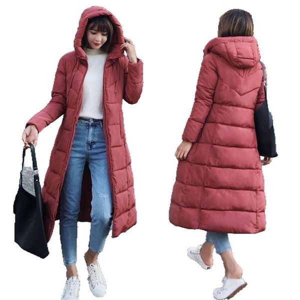 

winter jacket women coat 2021 fashion cotton padded jacket x-long style hood slim parkas plus size thicken female outerwear 6xl, Black