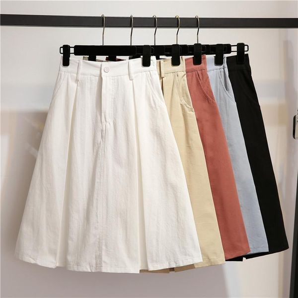

skirts 2021 fashion high waist cotton women casual loose pocket midiskirt female summer harajuku a line skirt white black