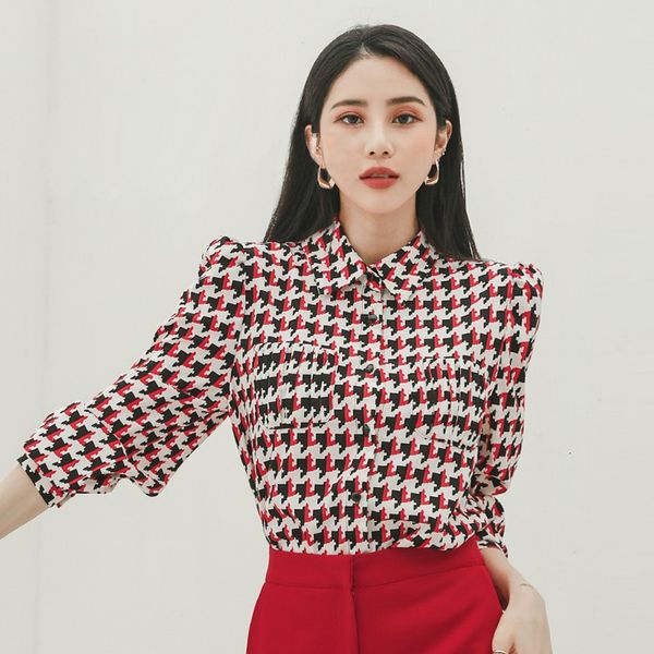 

spring geometric autumn plaid lady sleeve female shirts femme ta3227 i5mx, White