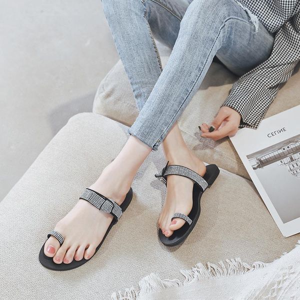 

women's summer 2021 toe with rhinestone sandals and drill slippers flat bottom wear all-match, Black