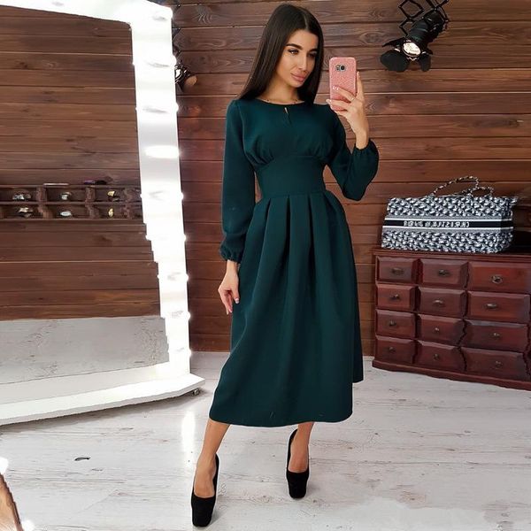 

casual dresses elegant 2021 women dress waist tighten drape long sleeve high midi red green brown sukienka lady a-line party, Black;gray