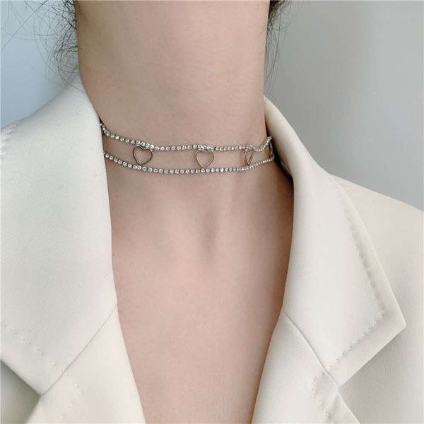 

hbp fashion korean simple temperament double layer diamond love necklace women's clavicle indifference heart-shaped neck decoration cha, Silver
