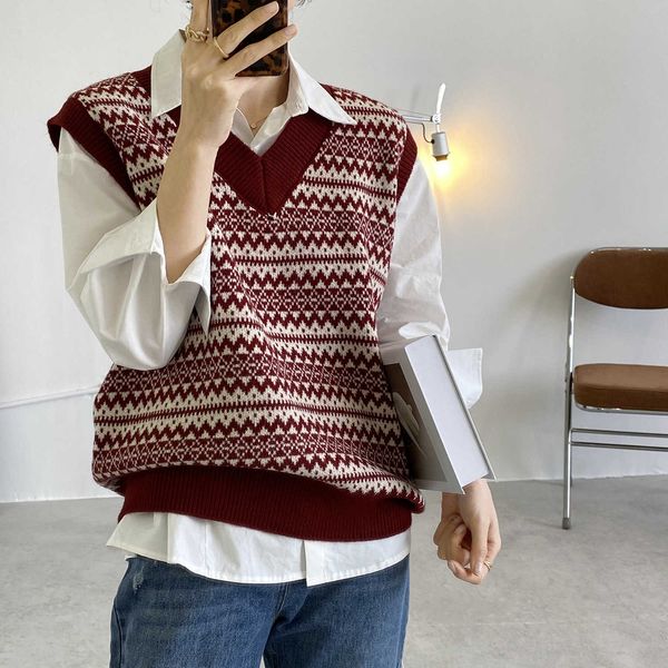 

vintage v-neck knitted waistcoat women spring sleeveless sweater casual vest pullovers 210607, Black;white
