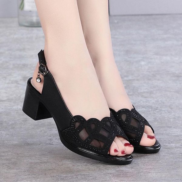 

dress shoes women slippers leather women's sandals summer heel sandales femmes sandalias, Black
