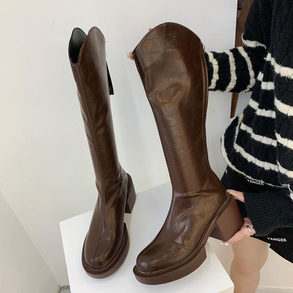 

boots flat platform shoes thigh high heels boots-women luxury designer zipper round toe winter footwear clogs ove, Black