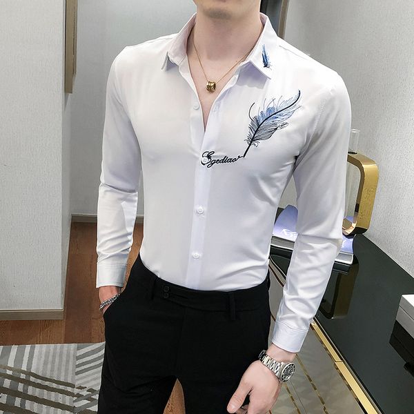 

new embroidered male shirt fashion 2021 long sleeve shirts for fine men adjust formal business wear men's blouse 4xl g2ob, Black;brown