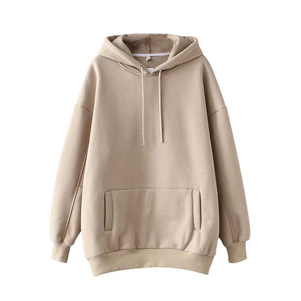 

solid color plus fleece pocket long sleeve drawstring hoodies women fashion simplicity streetwear casual loose pullovers 210608, Black