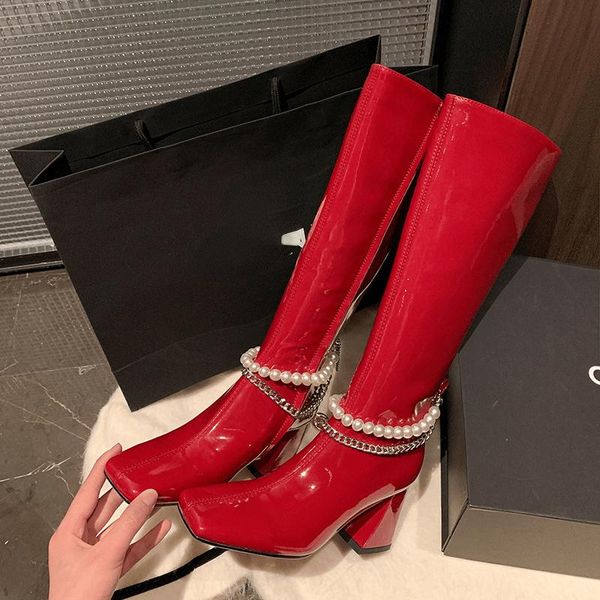 

boots ladies knee-length pearl hanging chain square toe mid-heel side zipper high knight metal shoes, Black