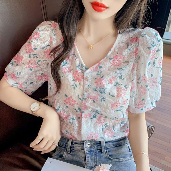 

women's polos summer pink floral blouse designer v-neck lace sweet elegant shirt patchwork ladies casual kawaii female 2021, White