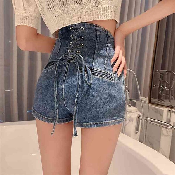 Kordelzug High-Low-Taille Weibliche Denim Shorts Button Fly Slim Empire Baumwollhosen Sexy Skinny Short Jeans mit Taschen Großhandel 210708