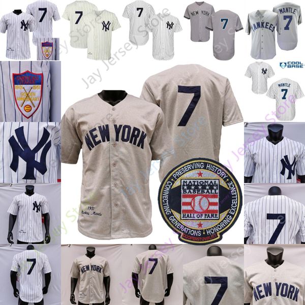 

mantle jersey 1951 vintage baseball hall of fame patch cream pinstripe white grey all stitched home away, Blue;black