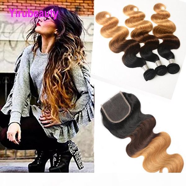 

indian virgin hair body wave 1b 4 27 ombre human hair wefts with closure 3 budnles with 4 x 4 lace closure, Black;brown