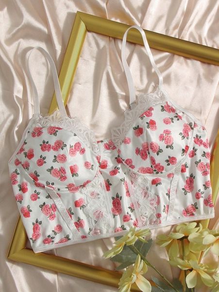 

floral print lace trim cami z1ft#, White