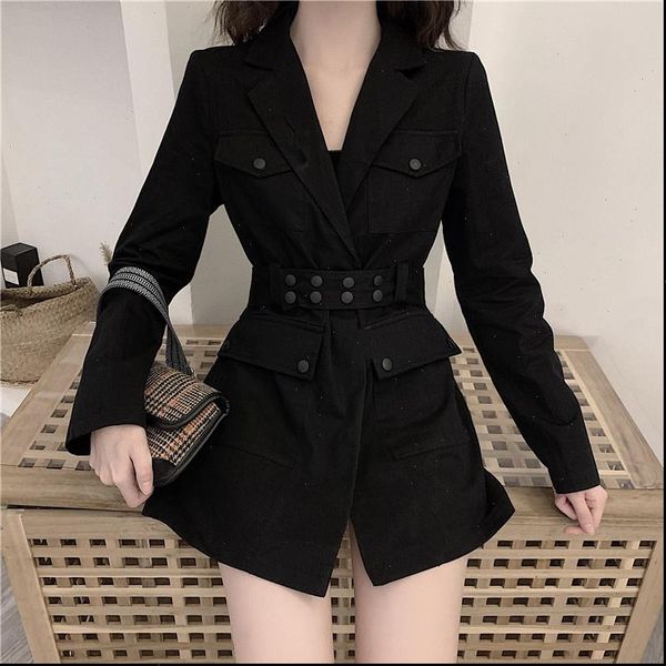 

autumn new 2021 korean version looks thin and fashionable chic contracted simple long sleeve solid color medium long suit, Black;gray