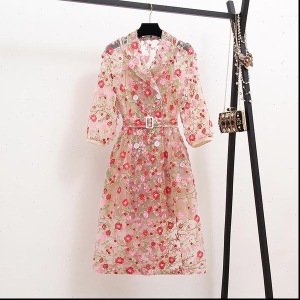 

vintage gauze flower embroidery overlay trench coat women double breasted notched lantern sleeve belt mesh long coat outerwear, Tan;black