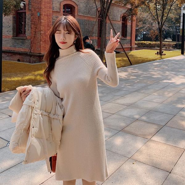 

casual dresses women's solid color high neck knit dress, Black;gray