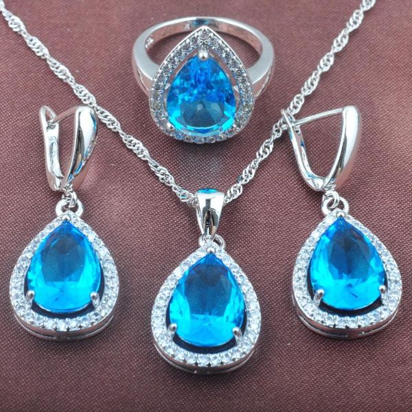 

earrings & necklace wedding women's jewelry sets silver color water drop sky blue zirconia ring and set tz0104
